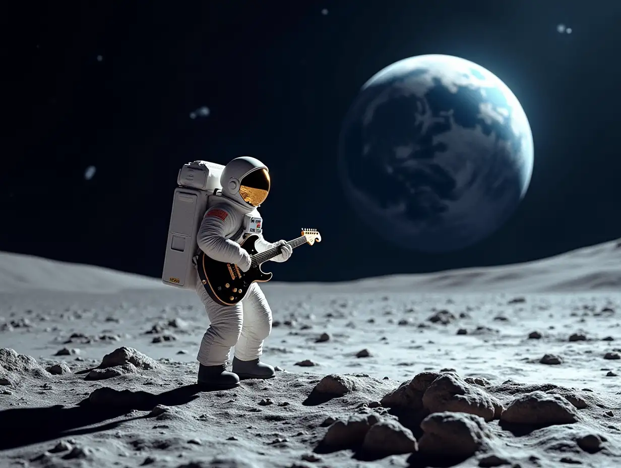 astronaut playing guitar on the moon,earth can be seen in the background