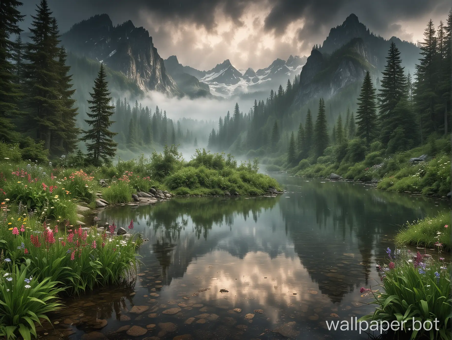 The wallpaper features towering mountains partially veiled by low clouds and rain. A serene lake in the foreground reflects the moody sky and misty peaks. Raindrops ripple across the water, while soft light filters through dark clouds. A waterfall cascades in the distance, surrounded by lush, rain-soaked forests. Wildflowers add subtle color along a winding path that invites exploration. The scene is a tranquil mix of mystery, beauty, and serenity.