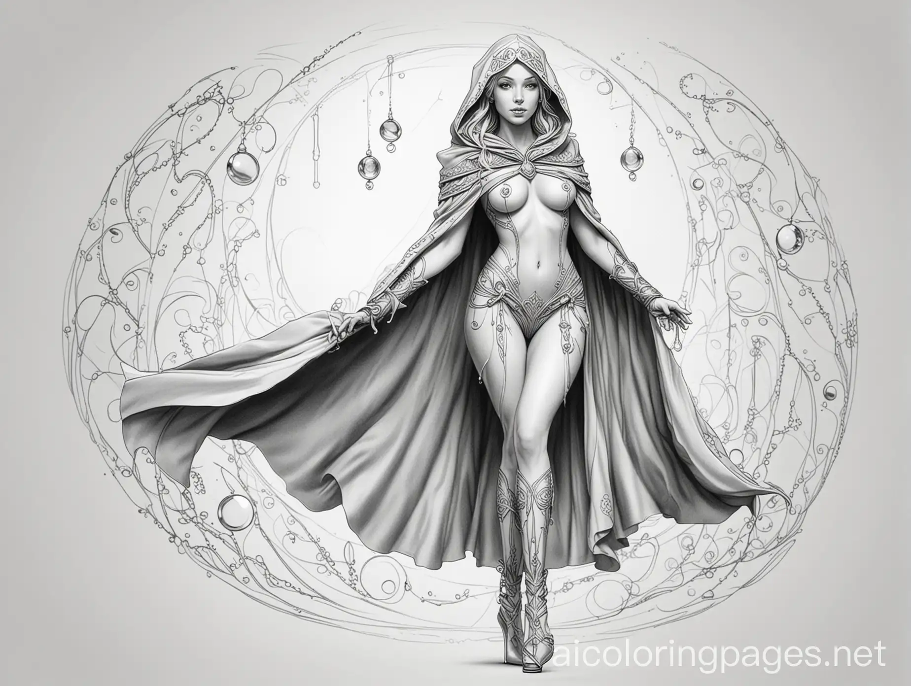 Fantasy-Elven-Mage-with-Glowing-Orbs-Line-Art-Coloring-Page