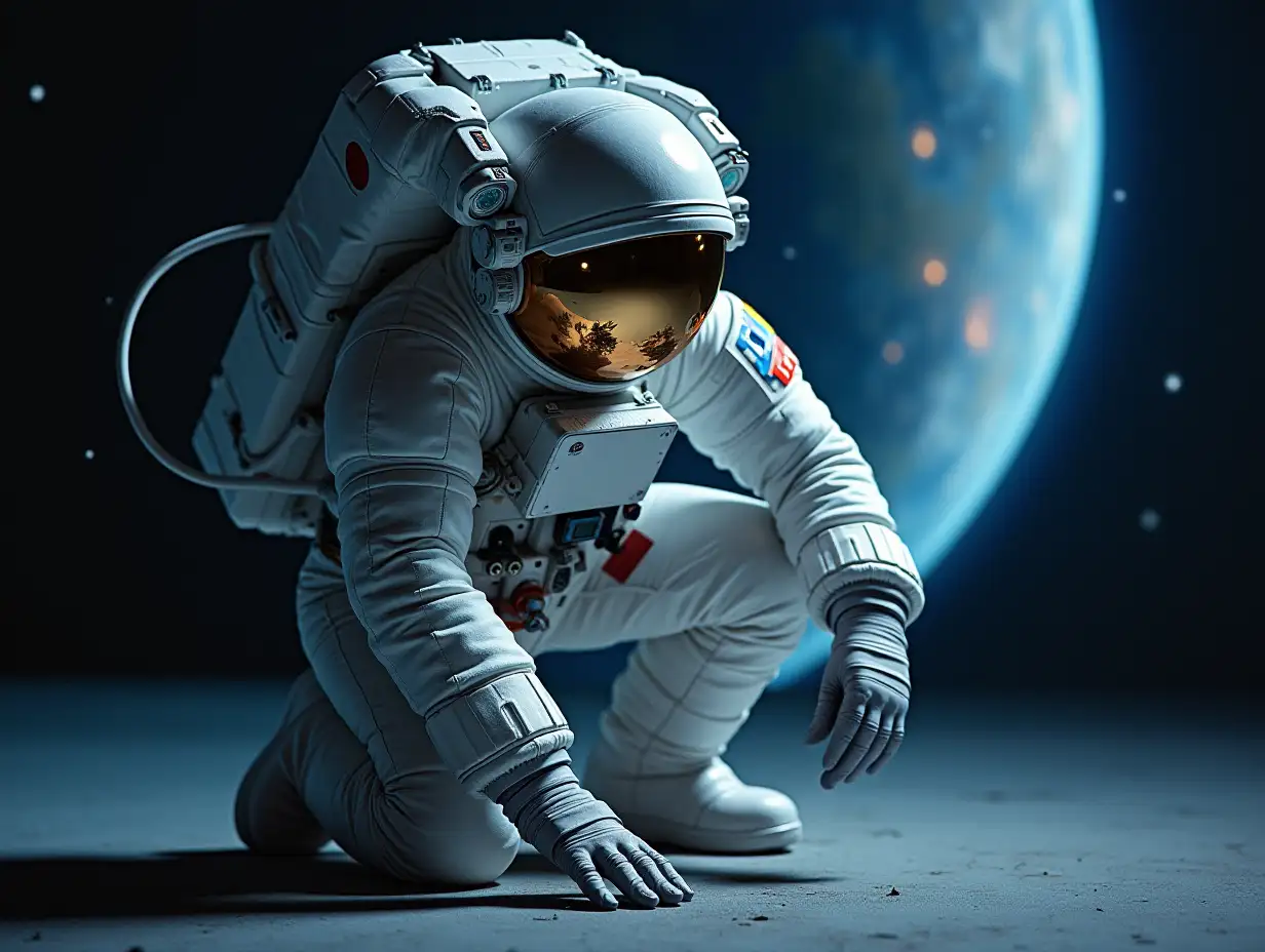 Spacesuit astronaut mending in space, full body visible, half kneeling