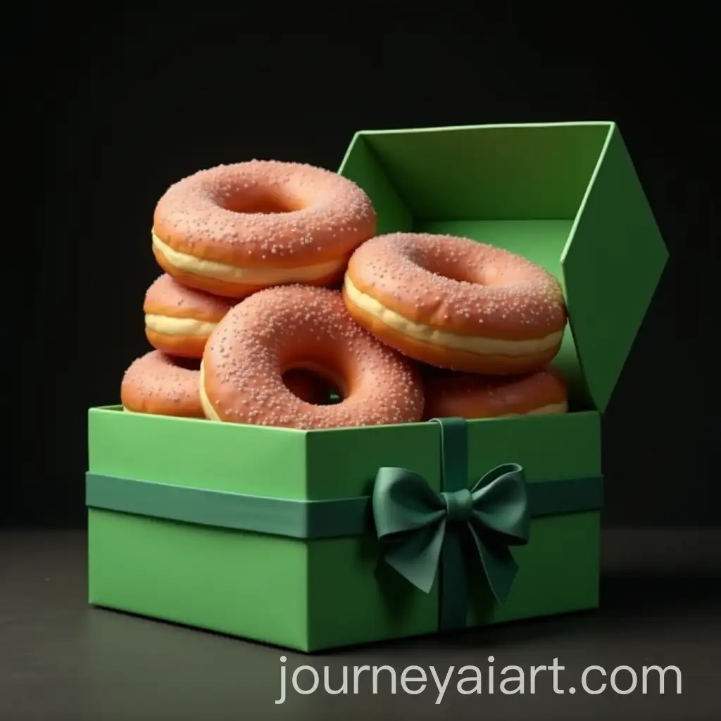 Photorealistic-Donuts-in-a-Green-Box-with-a-Bow-Against-a-Dark-Background