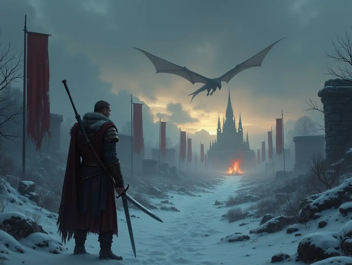 A lone Nord warrior stands in the snowy ruins of a once-great city, banners torn and flames smoldering in the distance. The sky is dark, but the first light of dawn breaks through the clouds. In the background, a dragon soars over the battlefield, symbolizing both destruction and rebirth. The warrior clutches his sword, reflecting on the cost of war, yet determined to fight for Skyrim’s future. Cold winds howl, but hope remains.