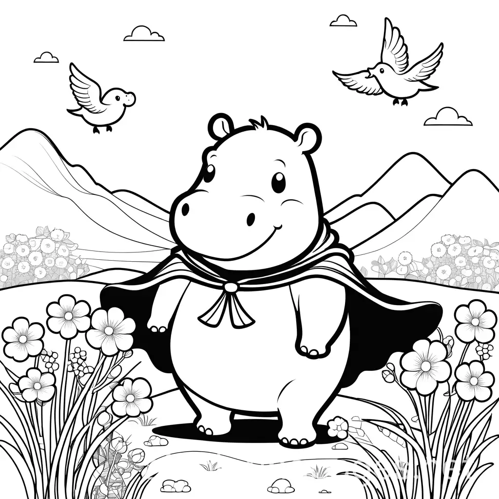 Chibi-Hippo-Hero-Coloring-Page-with-Bird-in-Savannah-Playground