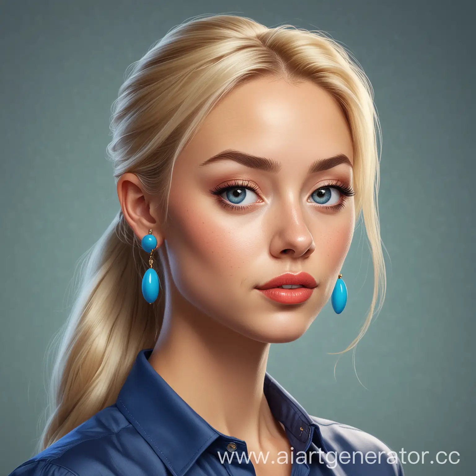 user_prompt: Create a caricature of a woman, blond long ponytail, oval face, thin lips, blue blouse, colorful earrings