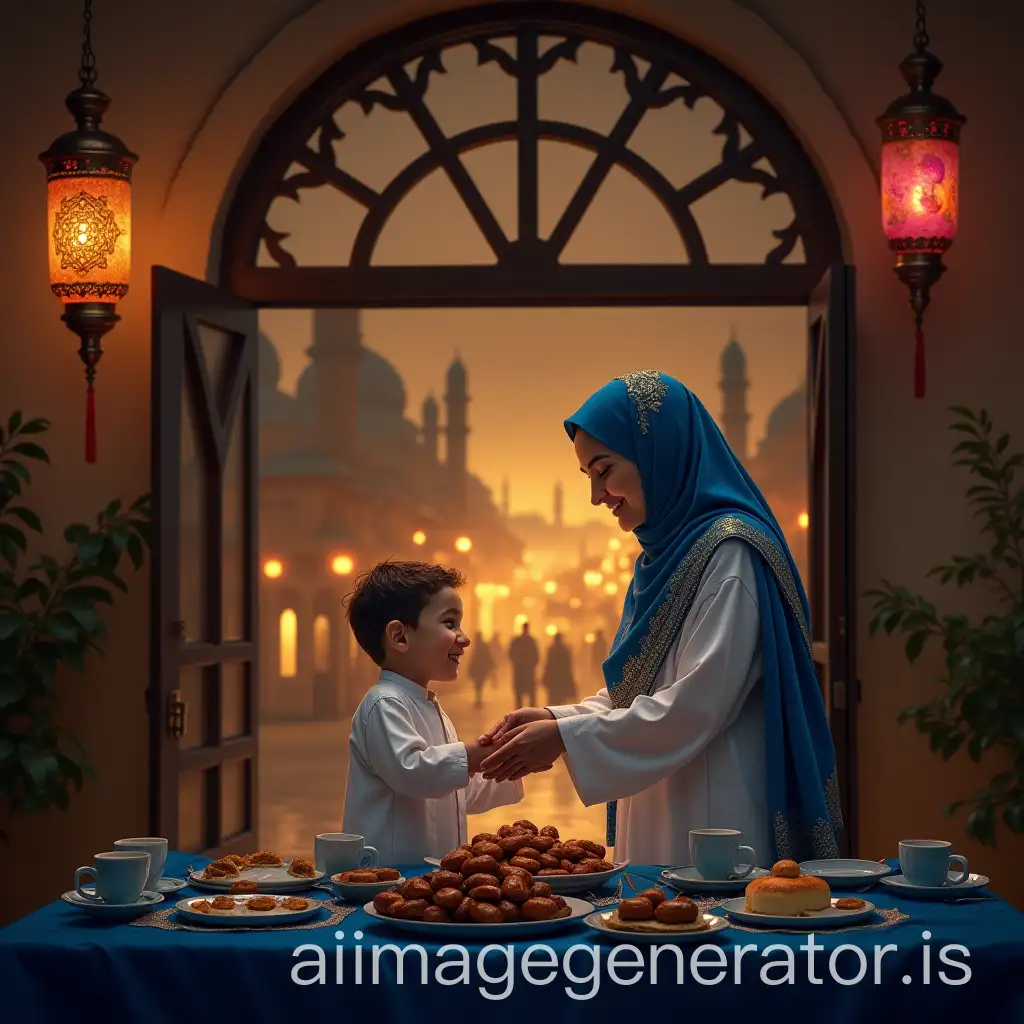 Generate a digital artistic image: A woman wearing a blue hijab with golden embroidery and a small child wearing a white thobe, standing together in a traditional Arab home kitchen during the nights of Ramadan. The kitchen is decorated with colorful lanterns hanging on the walls, with a dining table covered with a blue silk tablecloth and plates of dates and pastries, as well as cups of almond milk. The woman holds the child's hand as she helps him place the spoon on the table, both with gentle smiles on their faces. In the background, an open window reveals a brightly lit street with lanterns and shadows of people heading to the mosque for the Tarawih prayer. The lighting is soft and golden, with gentle shadows reflecting the warmth of family life.