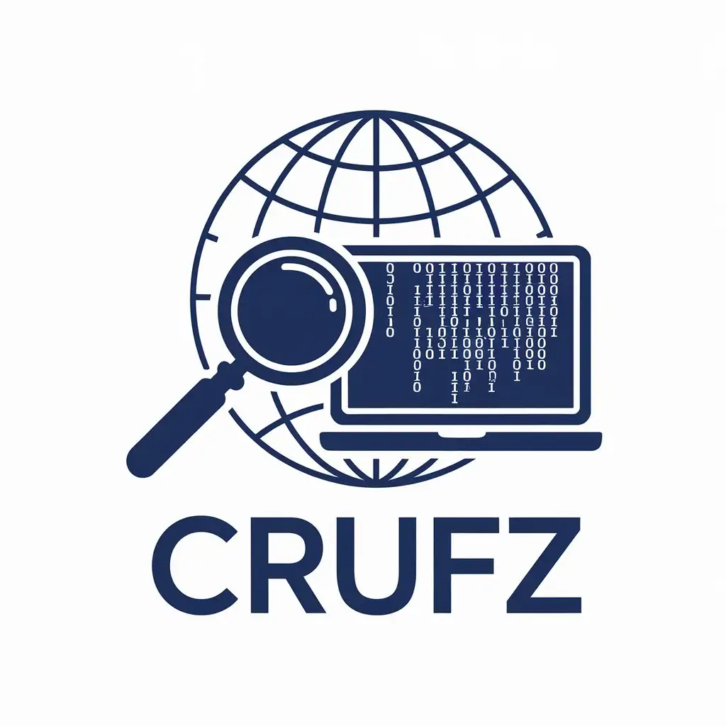 LOGO Design for CRuFz Vector Logo with Magnifying Glass Laptop and Matrix Code for Legal Industry