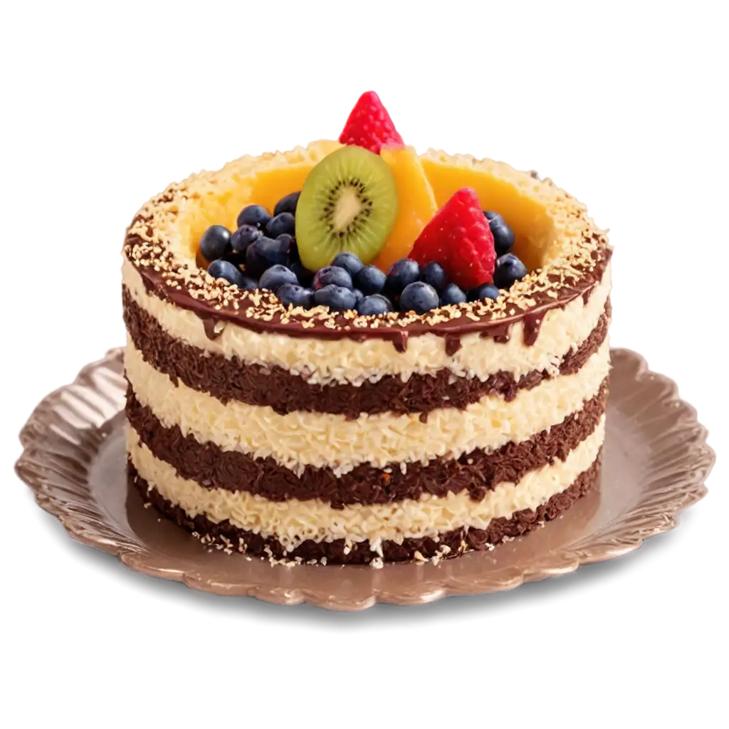 a very pretty birthday cake that is covered in grated cheese and pieces of fruit on it there is a little drizzle of chocolate on it