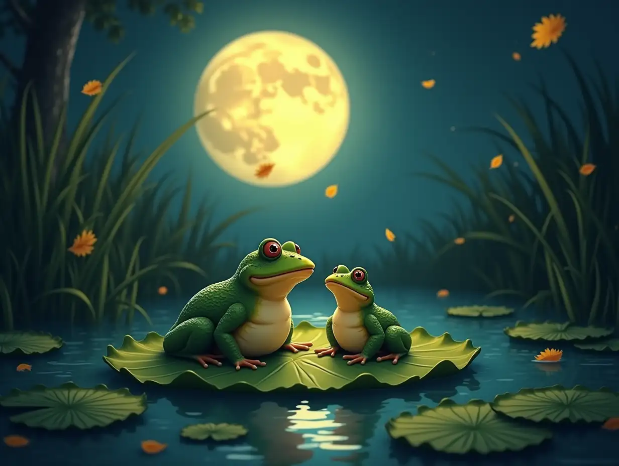 in the autumn, at night, during full moon on a big green lily pad leaf in a overgrown pond are sitting and quacking old frog together with his teenage son; blows strong wind; in the air can be seen falling yellow leaves; leaves float on the surface of the pond