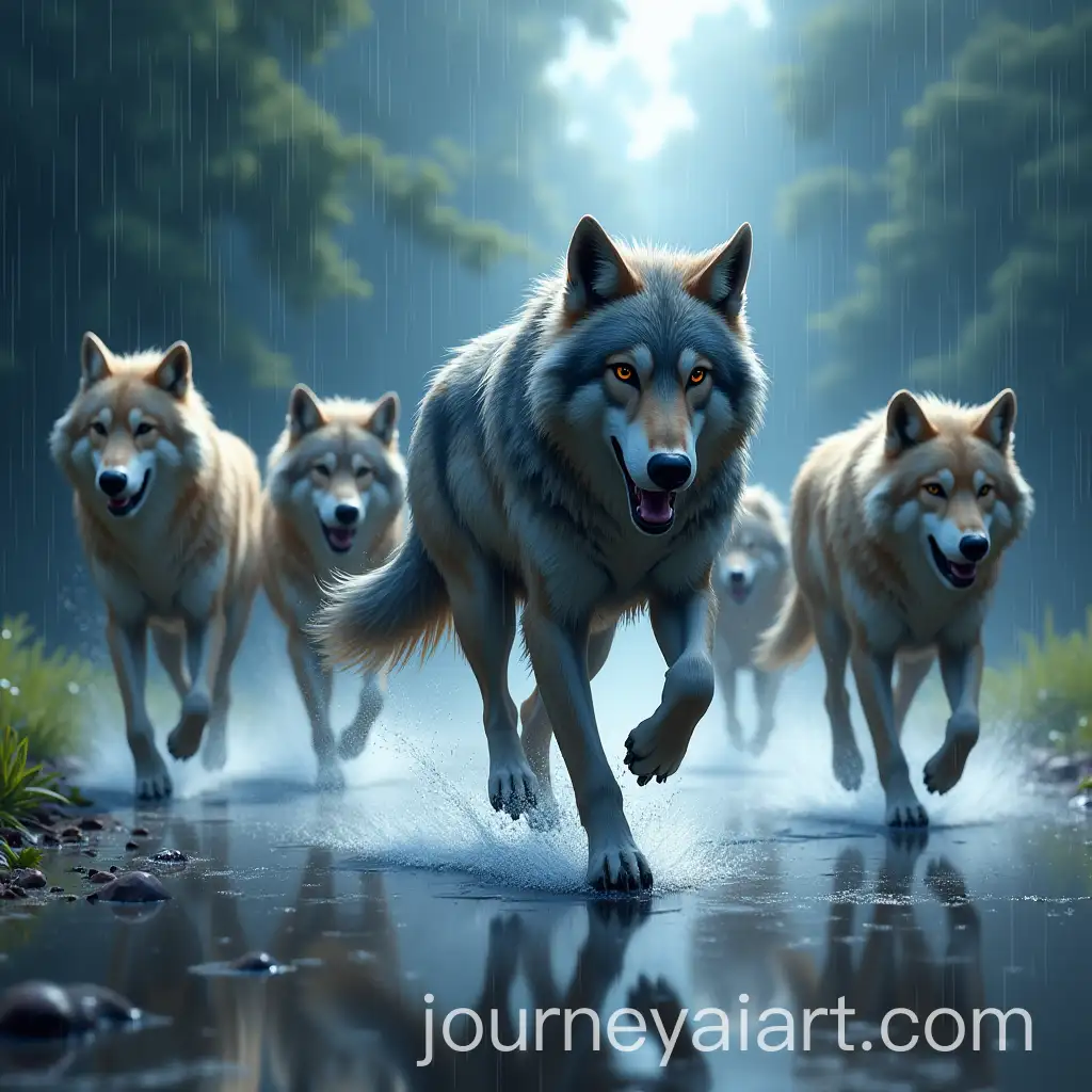Animestyle-Wolf-Pack-Running-Through-the-Rain-with-Shimmering-Reflections