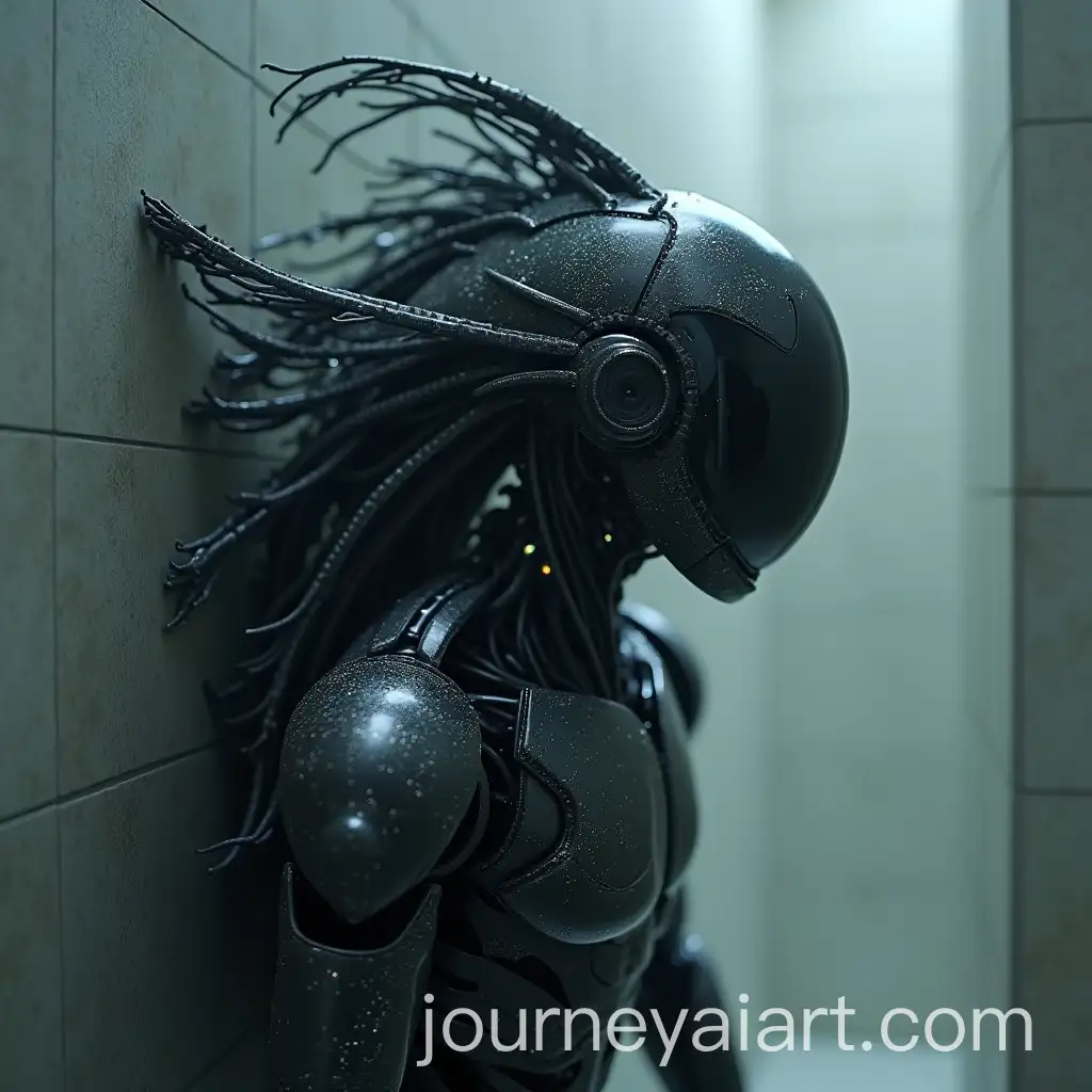 Black-Mechanical-Being-Phasing-Through-Wall-with-Glimmering-Silver-Fishlike-Scales