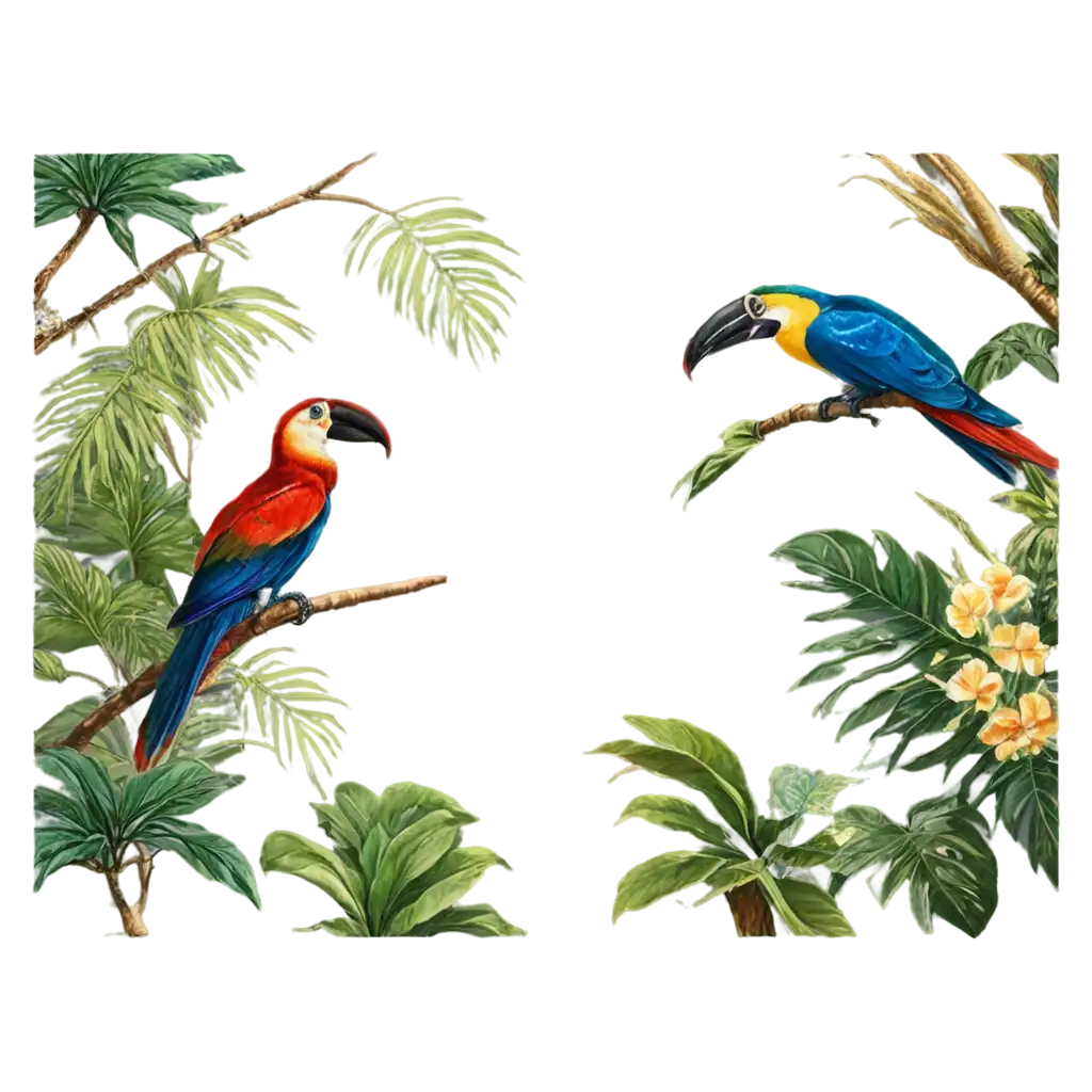 Tropical Paradise: An exotic design featuring lush tropical plants, palm trees, and vibrant birds like parrots or toucans, evoking the feeling of a tropical getaway.