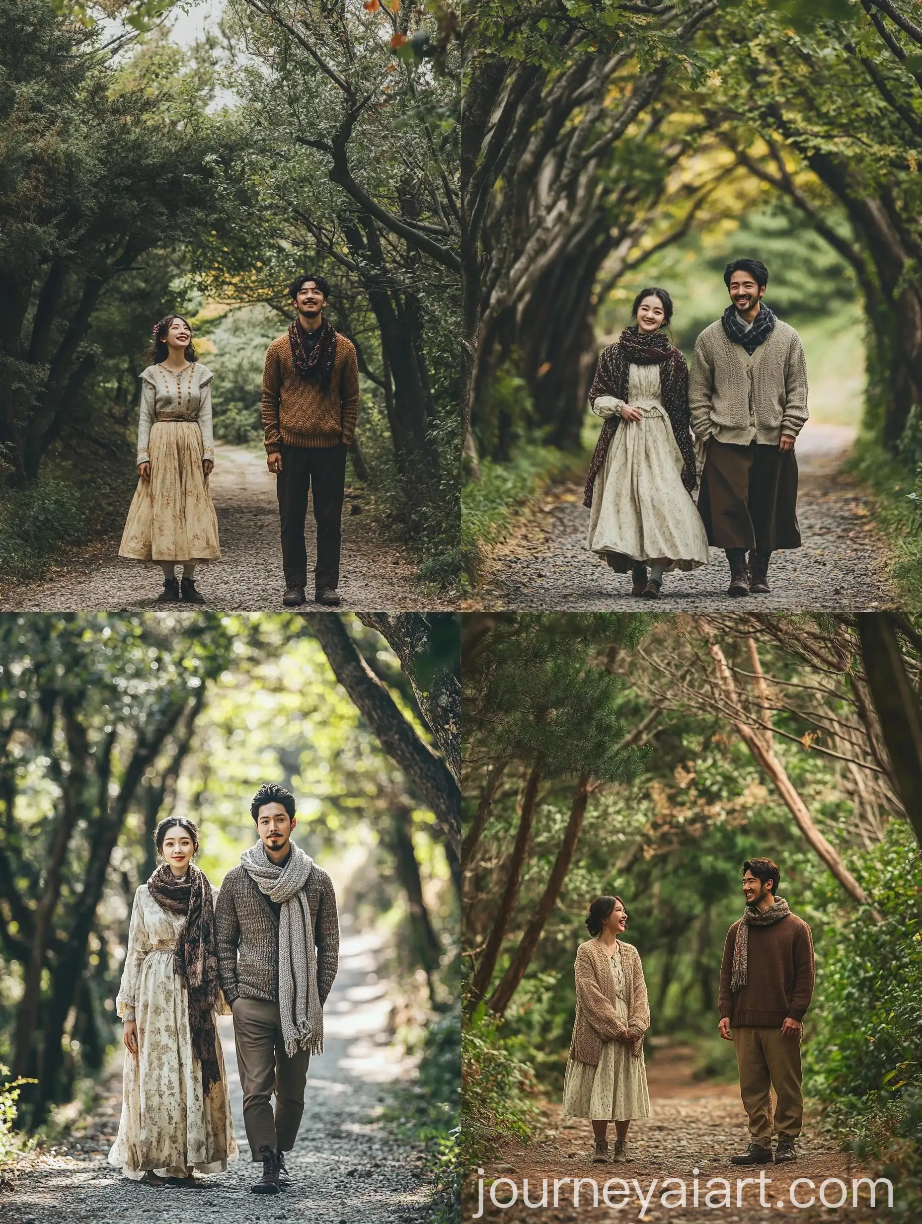 Joyful-Couple-in-Vintage-Dress-and-Knitted-Sweater-by-TreeLined-Path