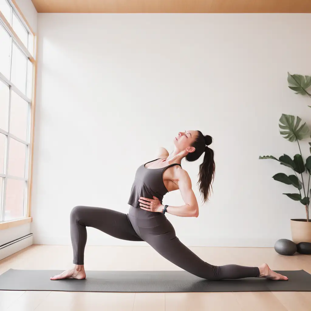 performing Low Crescent Lunge pose in yoga studio