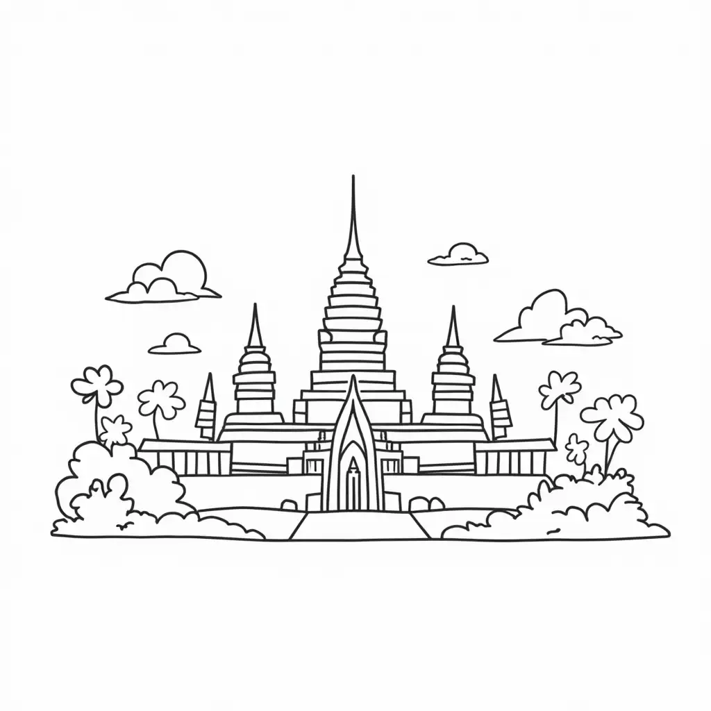 Whimsical-Angkor-Wat-Coloring-Book-Illustration-with-Dreamy-Cloud-Sky-and-Cityscape