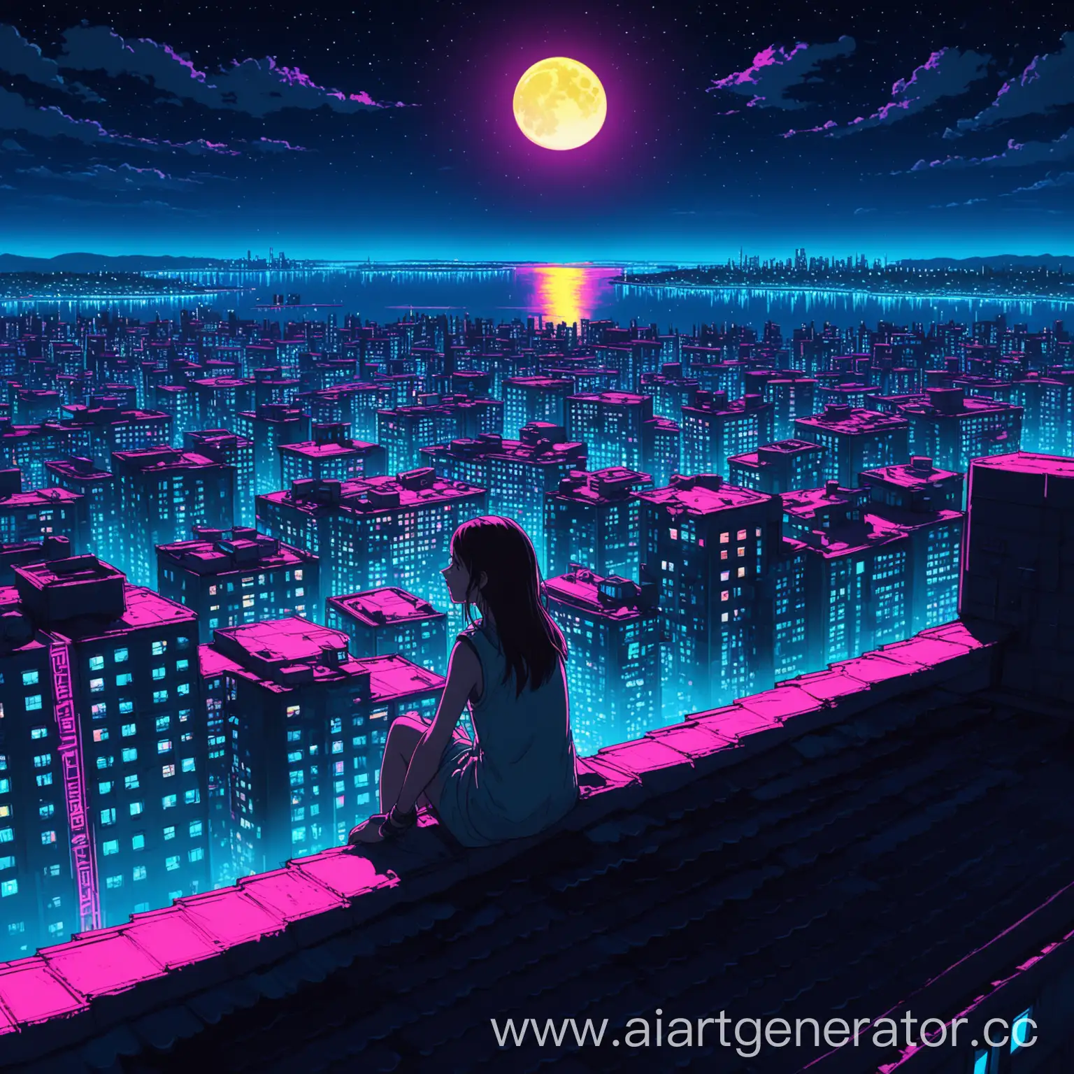 Girl-Sitting-on-Rooftop-Overlooking-Neon-City-Lake-at-Night