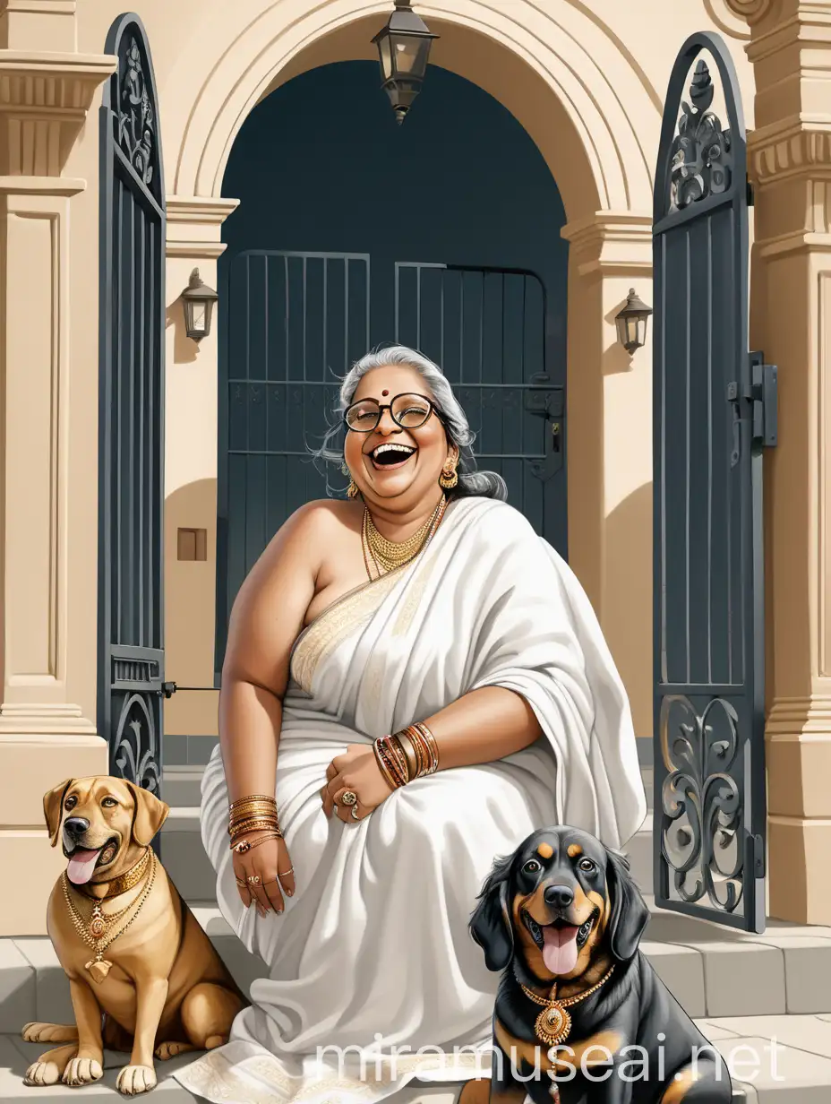 Joyful Indian Woman in Traditional Attire with Her Dog at a Mansion Entrance