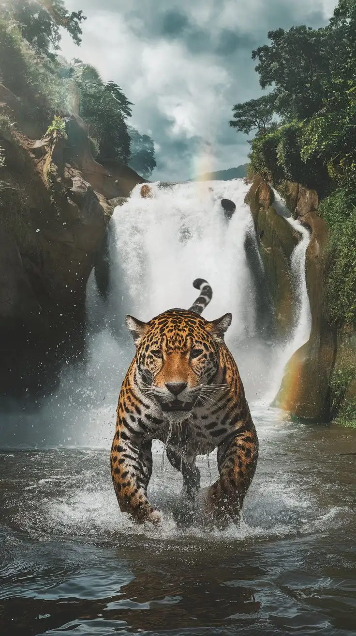 Jaguar-Emerging-from-Powerful-Waterfall-in-Tropical-Jungle