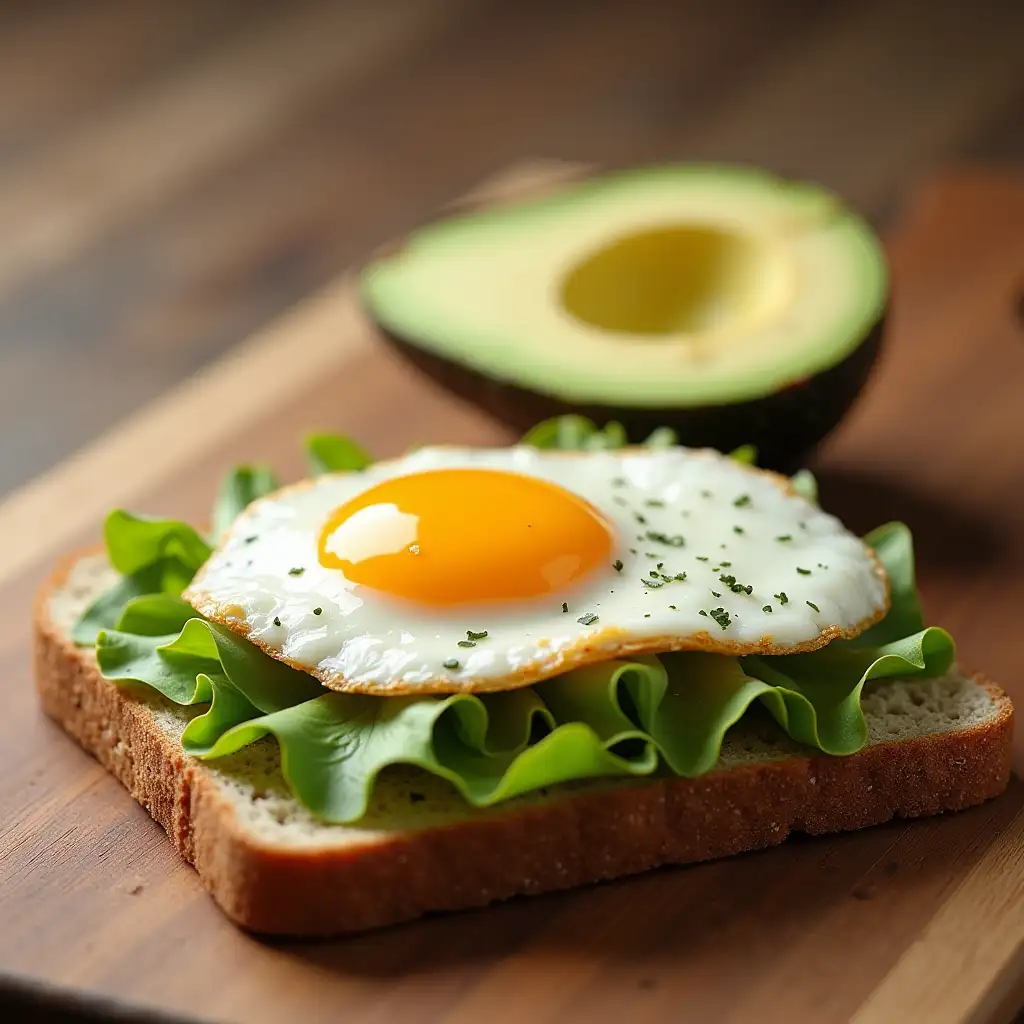 create a photorealistic image for food commercial photography that is about this - 1 egg, 1/2 avocado and 1 slice of whole grain bread