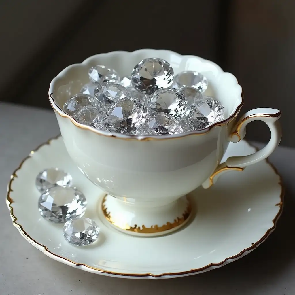 a teacup stuffed with medium-sized diamonds