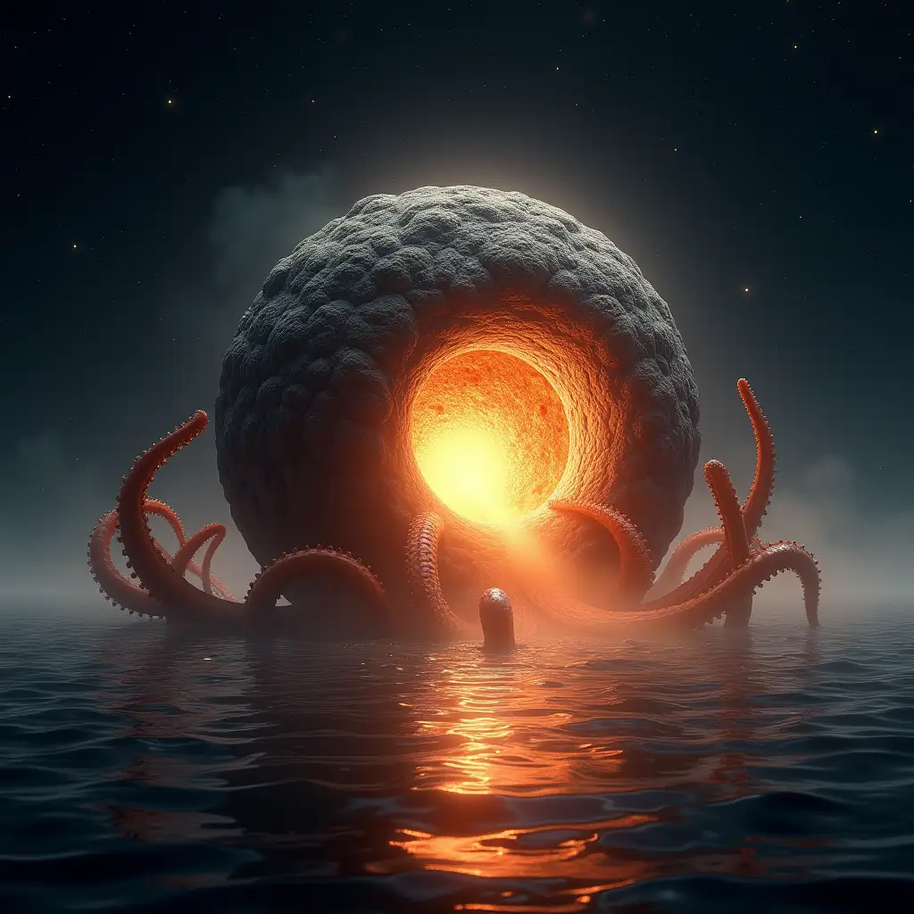 A 16K resolution hyper-realistic image of a surreal and mysterious science fiction scene. In the center, a huge rocky meteor-like sphere emits a warm, glowing core of radiant orange and gold light, which appears to explode or release energy. Tentacle-like organic structures emerge from the core, hinting at an alien presence or unknown entity. Surrounding the sphere is a waterscape with ripples of water reflecting the glowing light. Surrounding it are ethereal bioluminescent octopus-like creatures whose translucent tentacles flow smoothly in the water. The background shows a vast starry night sky, dark and infinite, with faint cosmic lights illuminating the horizon, creating a cosmic and enigmatic atmosphere. The lighting is dramatic, with intricate textures on the sphere and tentacles highlighted to emphasize its otherworldly details.