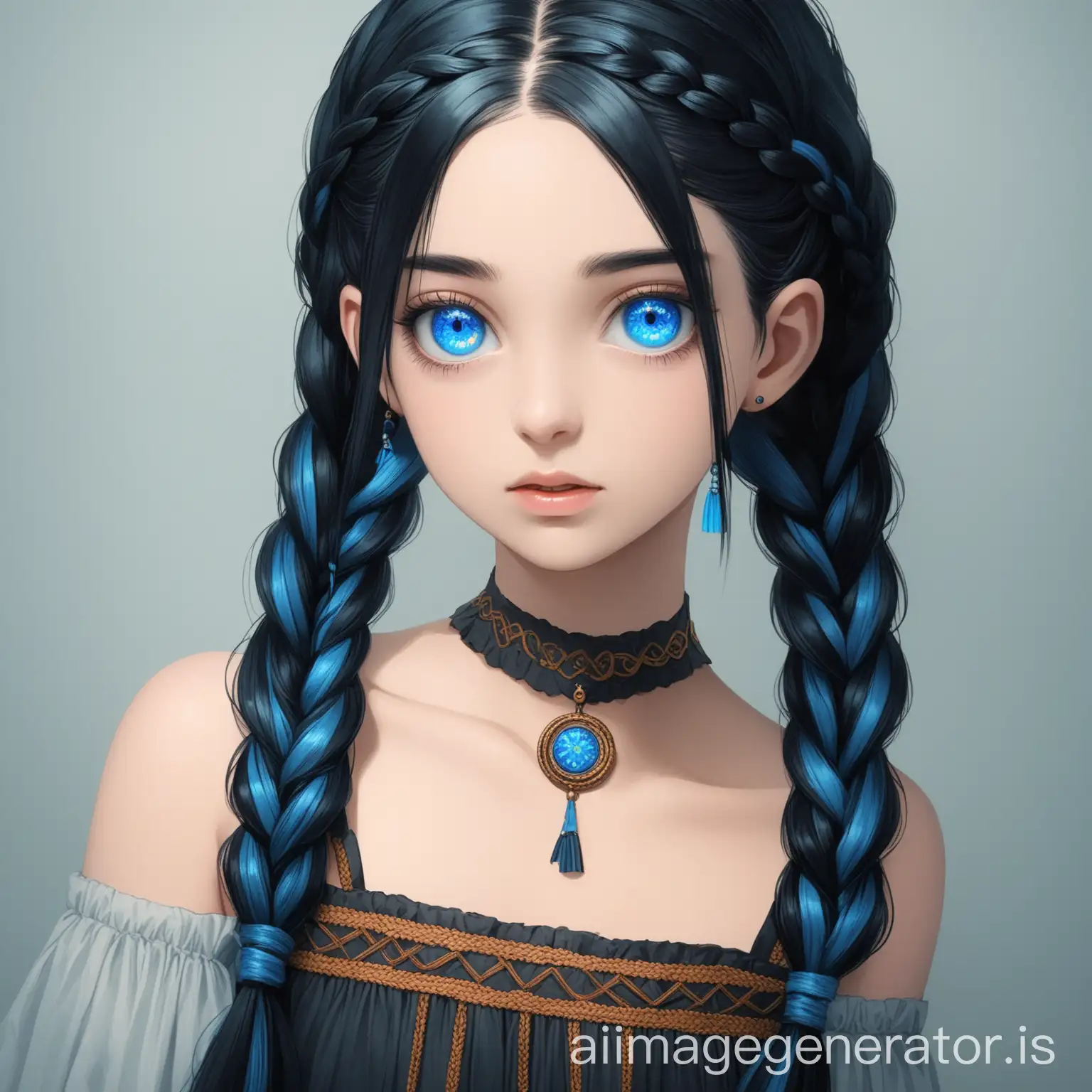 Portrait-of-a-Girl-with-Braided-Black-Hair-and-Blue-Eyes