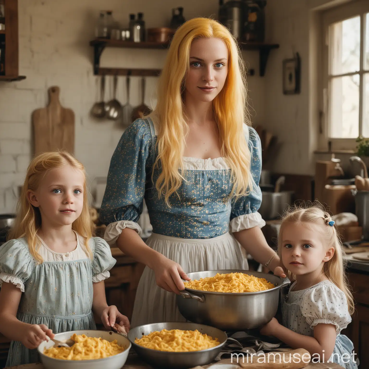 Mother and Children Cooking Together in a Vintage Farm Setting