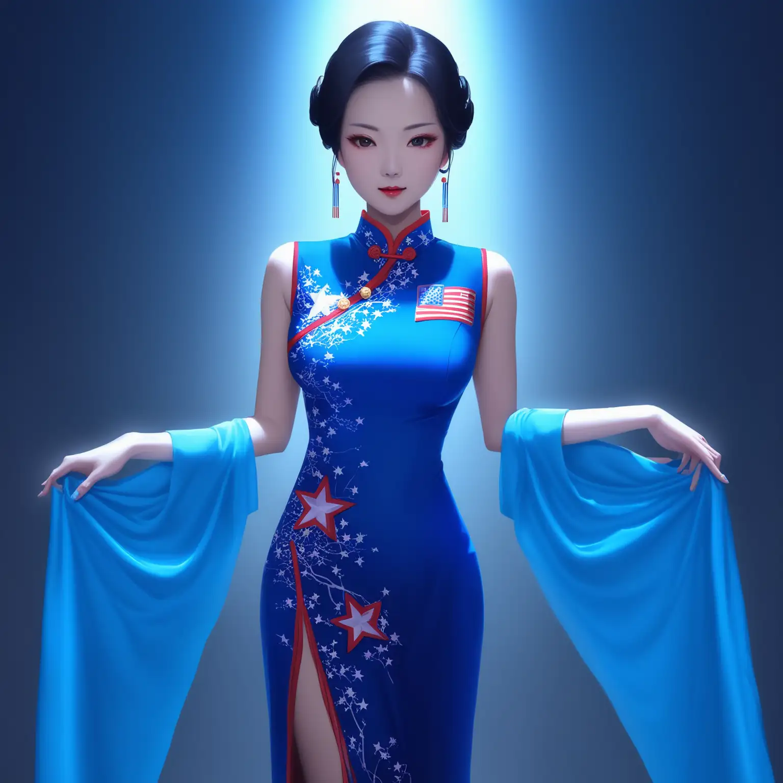 Transformation-of-Captain-United-States-into-a-Chinese-Beauty-in-Blue-Cheongsam