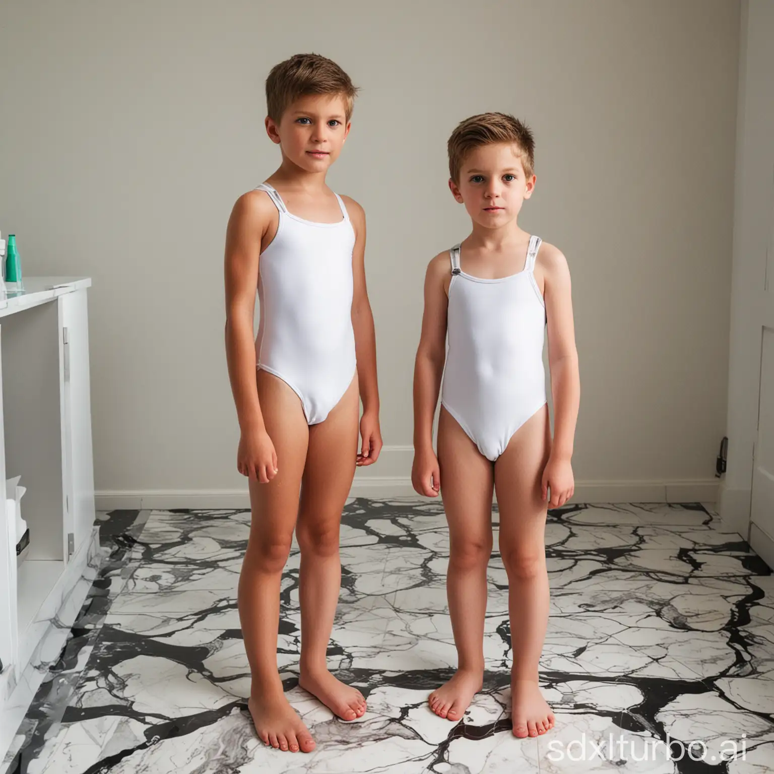 Two-Boys-in-a-Doctors-Office-Wearing-White-OnePiece-Mankinis-on-Lava-Marble-Floor