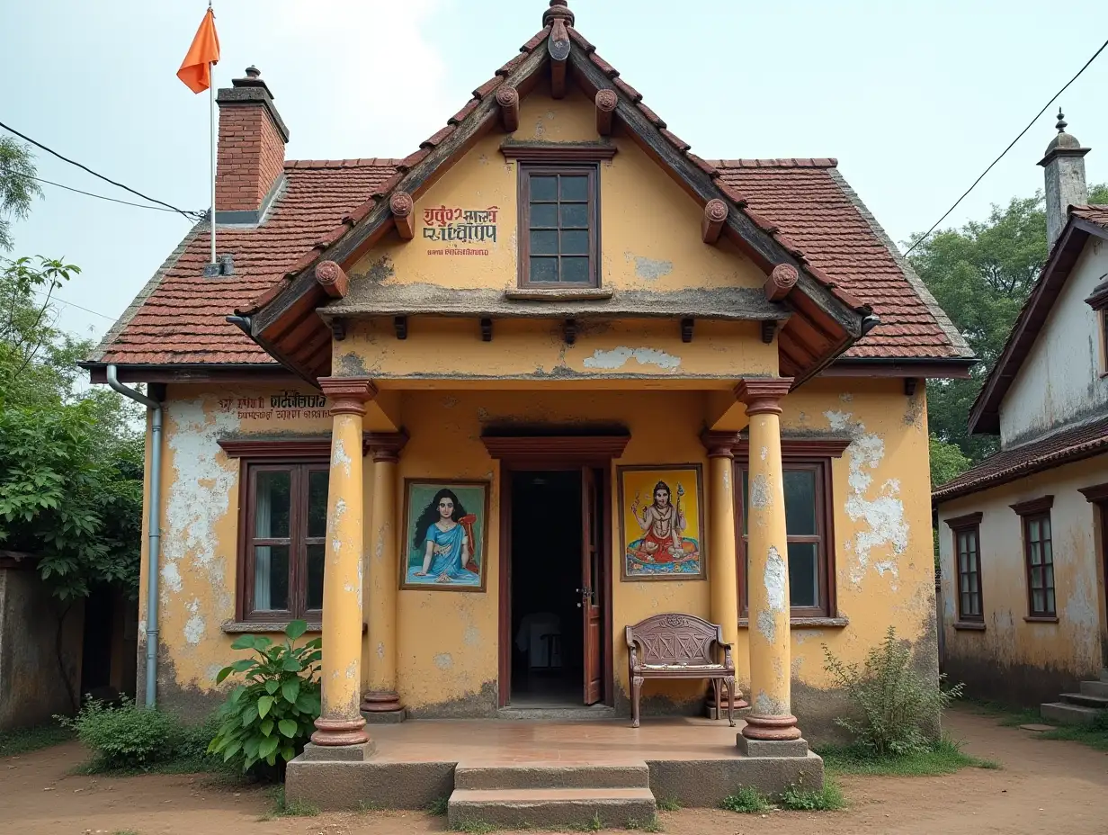 A old house front side view, Hindu goodness photos on the front house and a flag on the roof and a Jai Shree Ram word on wall with big bold words