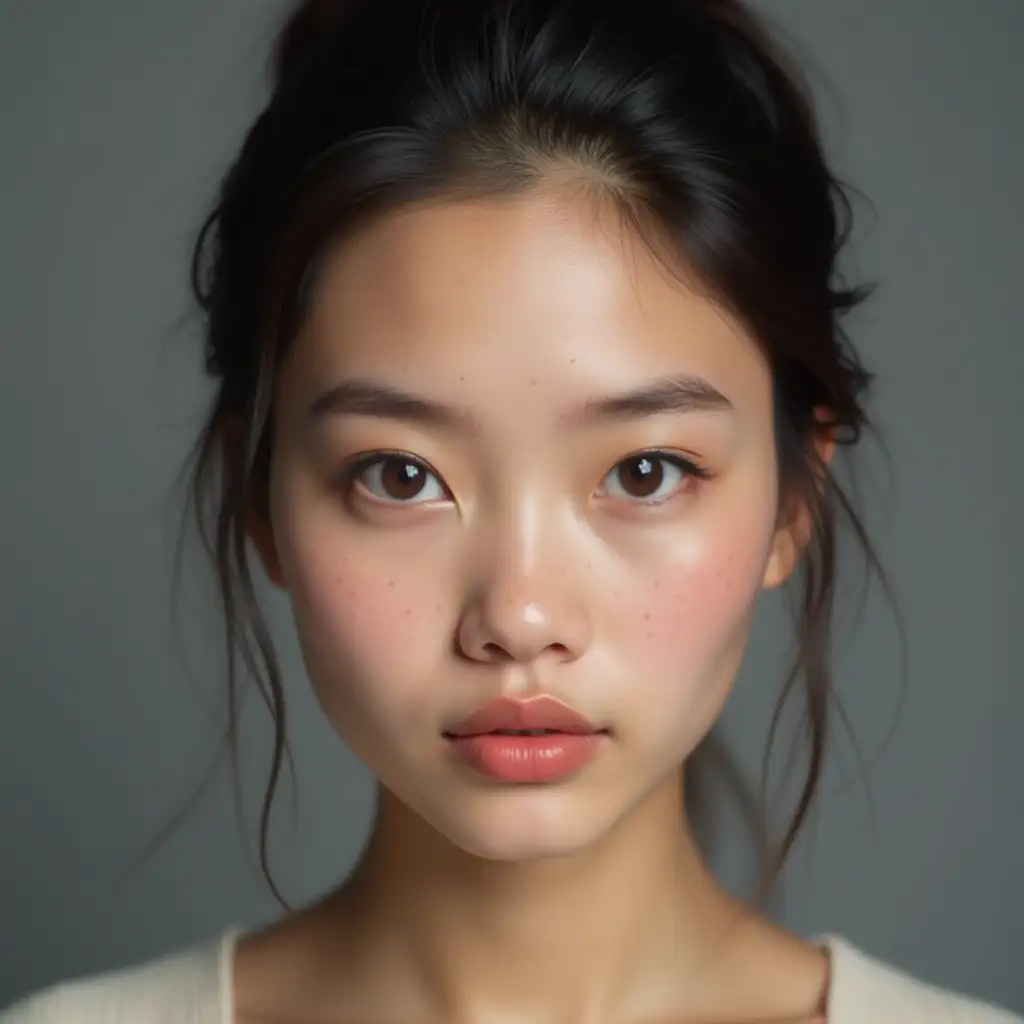 A young, light-skinned woman, likely of Asian or mixed-race descent, is the central subject. She is positioned in the center of the image, and her head and upper torso fill the frame. Her expression is neutral and direct, gazing directly at the viewer. Her eyes are dark brown, eyebrows are dark, and her lips are a soft, pinkish-red, and well-defined. Visible freckled skin is highlighted, and her complexion appears smooth and even-toned. She has a slightly rounded face and appears to have a light to medium build. She is wearing no visible jewelry or accessories. Her dark hair is pulled back from her face. The background is a muted gray, providing a simple backdrop that draws focus to the subject's features. The lighting is soft and directional, highlighting the contours of her face and creating a smooth, even illumination without harsh shadows. The color palette is muted and sophisticated. The composition is centered, using close-up perspective and emphasizing the subject's facial features and expressions. The overall style is fashion-oriented digital portraiture, with a focus on realistic-looking skin textures and soft color tones.