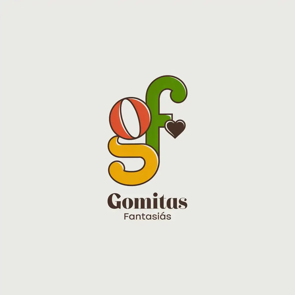 LOGO Design for Gomitas Fantasas Chewy Gummy Shaped G with Multicolored F and Chocolate Heart Symbolism