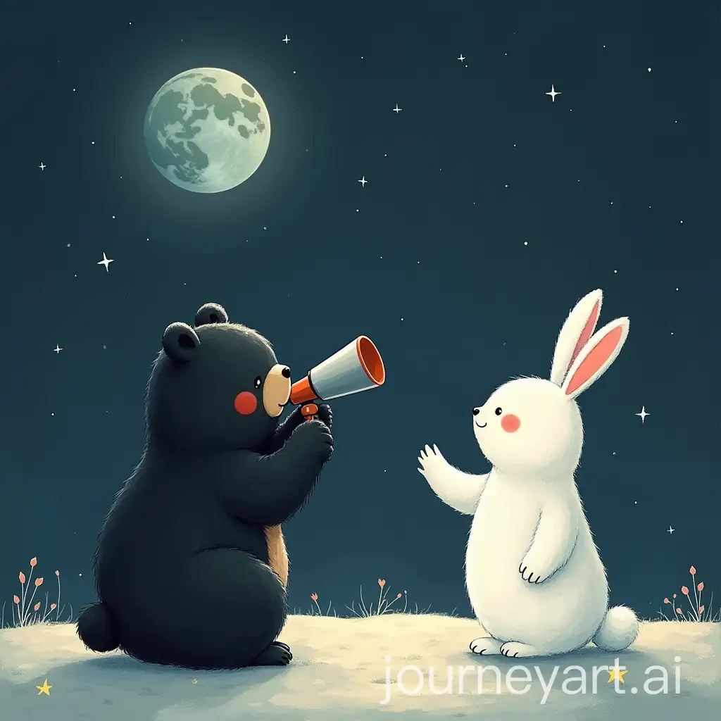 Black-Bear-from-Earth-and-White-Bunny-from-the-Moon-Reaching-Out-with-Telescope