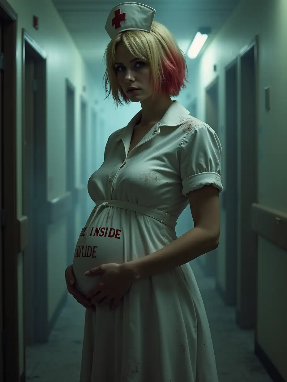 Photorealistic picture, eerie, foggy design, female character, pregnant, seductive nurse outfit, short blonde hair with red ends, cloth covered by dust and ash, stand inside abandoned hospital, text 'YOU'RE INSIDE' prominently displayed at the bottom of picture, no random men.