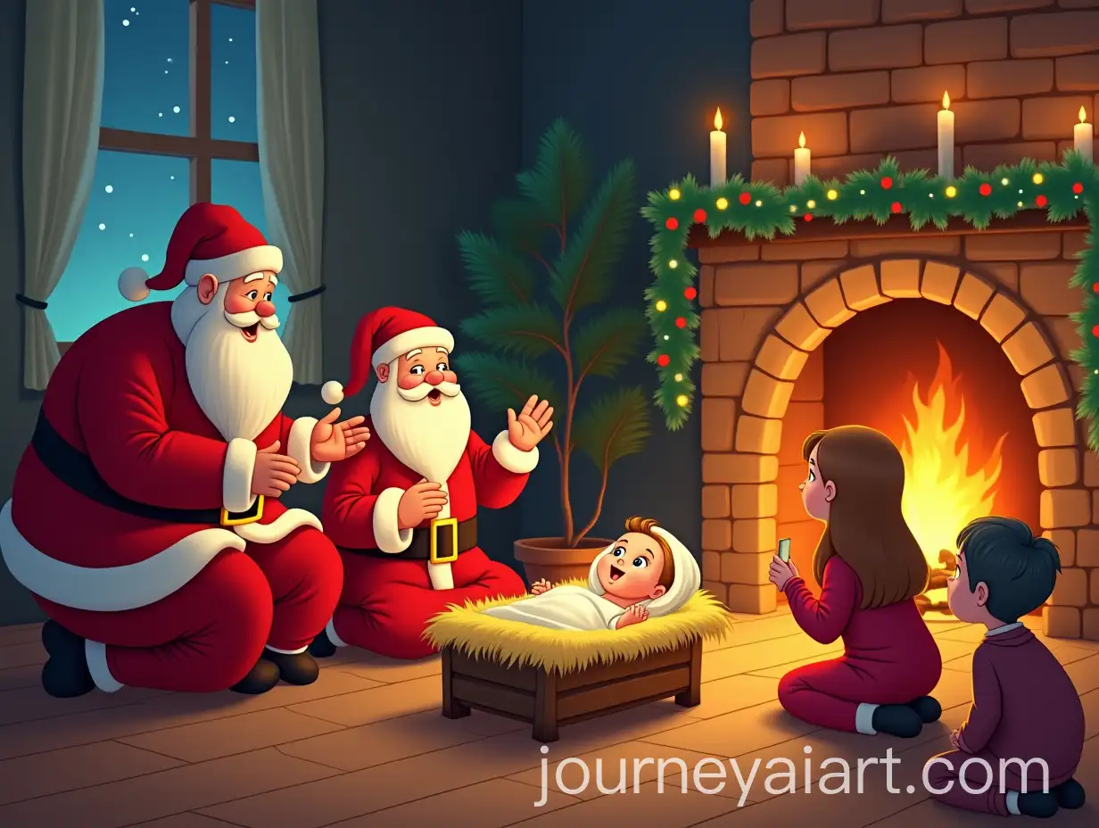 Children-Singing-to-Baby-Jesus-by-the-Fireplace-in-a-Festively-Decorated-Room