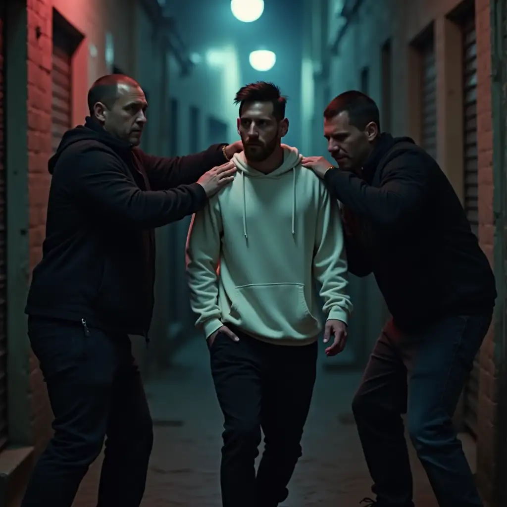 Against the background of a narrow evening alley with fog and neon lights, two gangsters in dark clothes grab Lionel Messi by the shoulder and pocket, trying to search him. Messi, dressed in a white long-sleeve sweatshirt, black sweatpants and black sneakers, looks worried and slightly confused, but tries to resist.