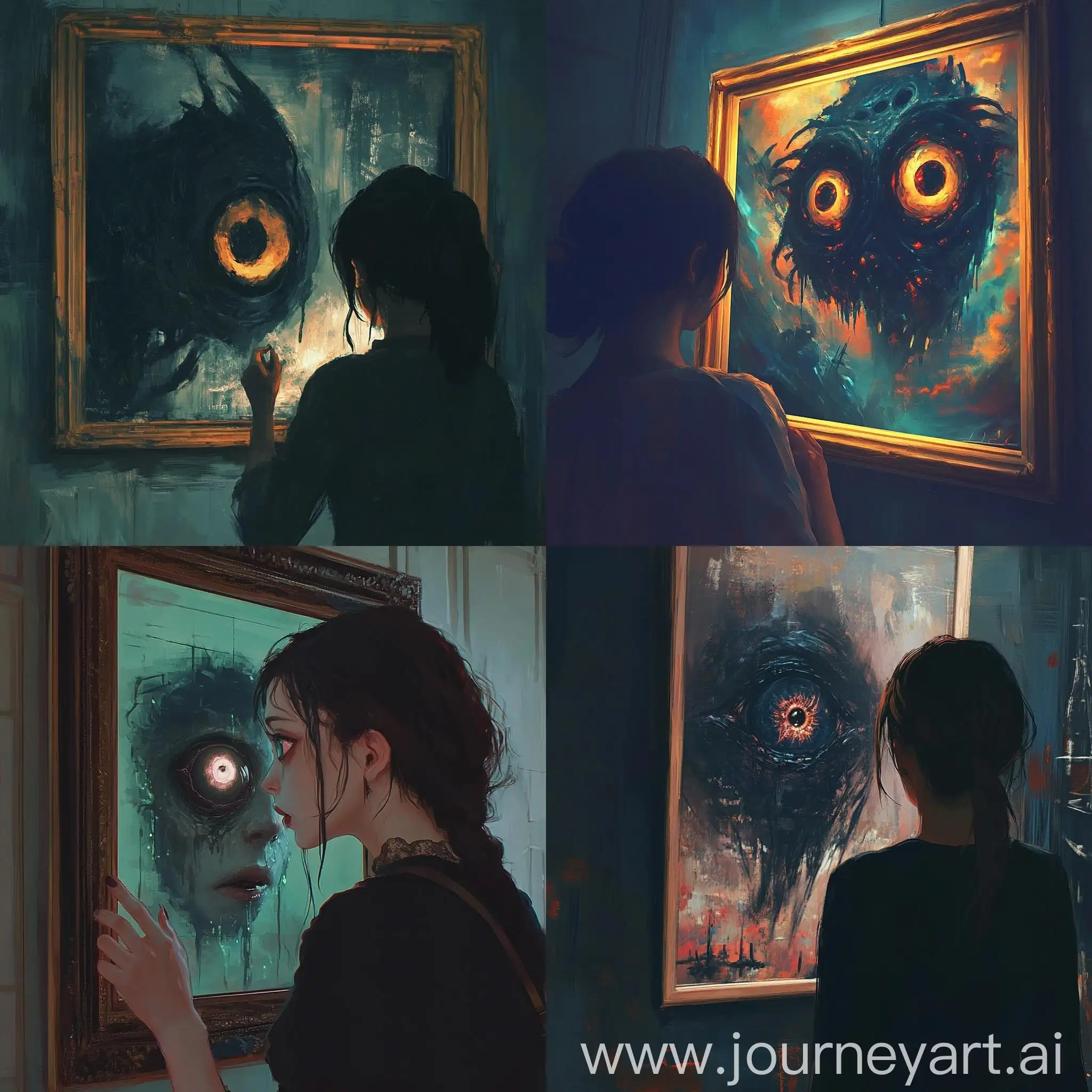 Woman-Contemplating-a-Creepy-Monster-Painting