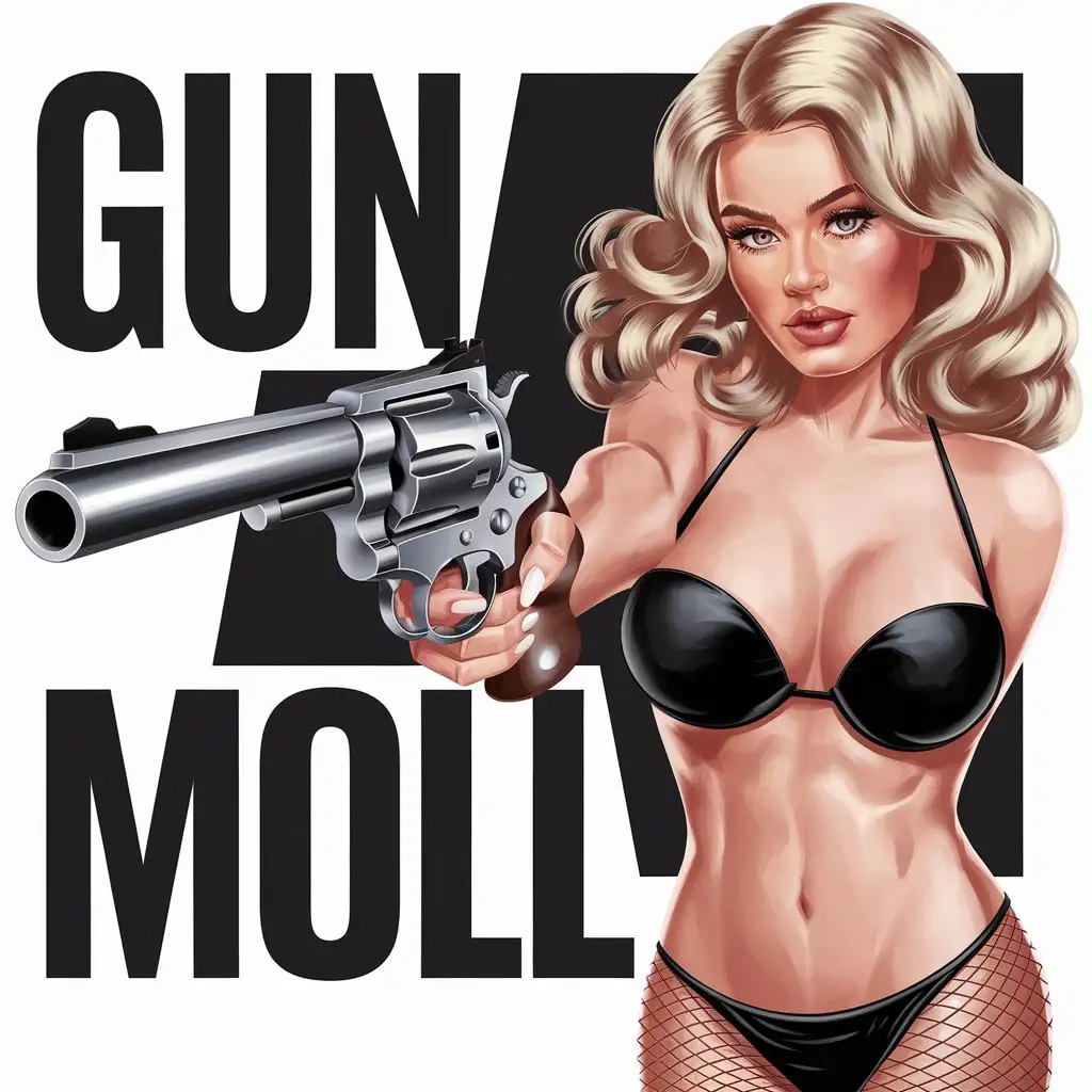 a vector logo design,with the text "Gun moll", main symbol:Yong very sexy realistic blonde Ukrainian girl with cute beautiful babe face plump lips and very large bra, plump nice butt in black bikini and pantyhose with big classic peacemaker revolver in her hand,Moderate,clear background