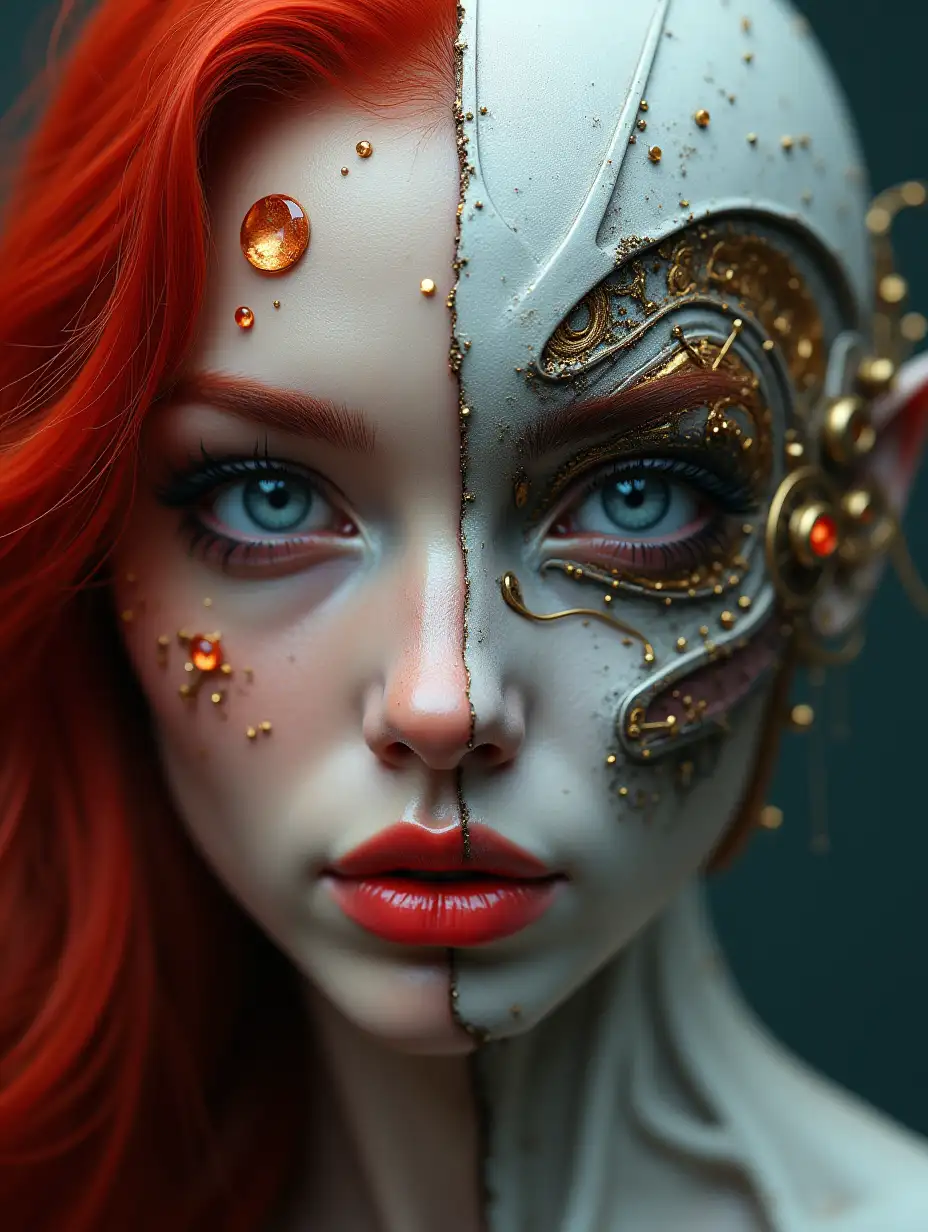 Digital art, real photo, female alien face, split frame, left, skin and gem fractal tattoo on one side of face, red hair. On the right, on the other side of the face, a steampunk style mechanism, white hair, high detail, professional photo, high resolution 64k.Computer graphics, metamorphosis, cleavage, bright lipstick, long eyelashes, realism, attention to detail, contemporary art