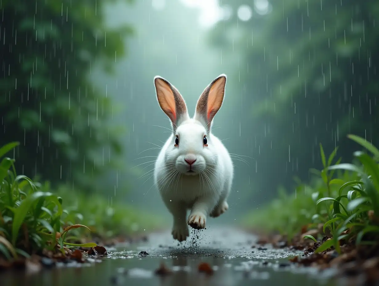 Make a white rabbit running fast in a jungle background and rainy