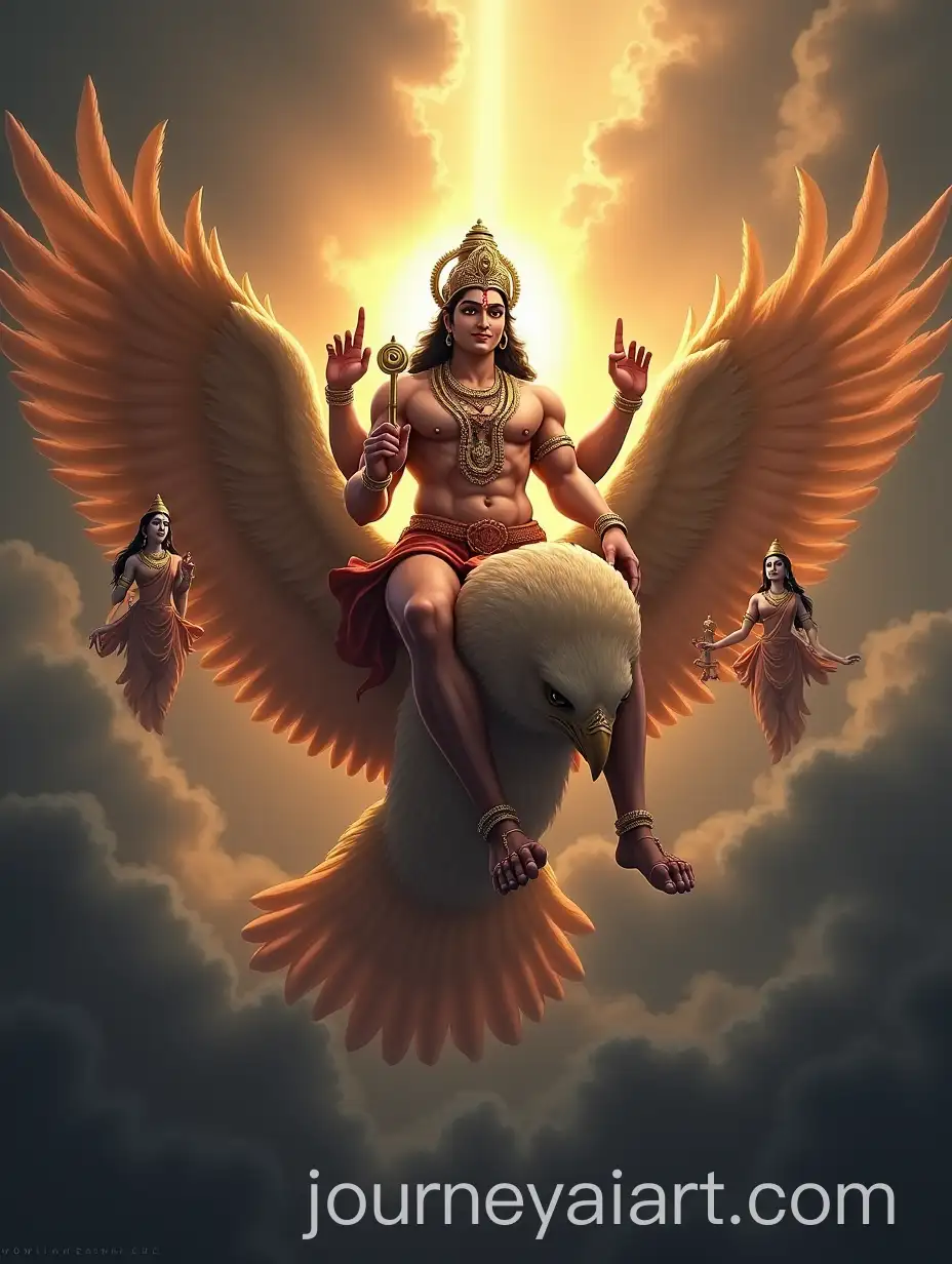 Lord-Vishnu-Riding-Garuda-with-Goddesses-Lakshmi-andAI-Art-Prompt-Expansion-Bhudevi-in-Divine-Majesty
