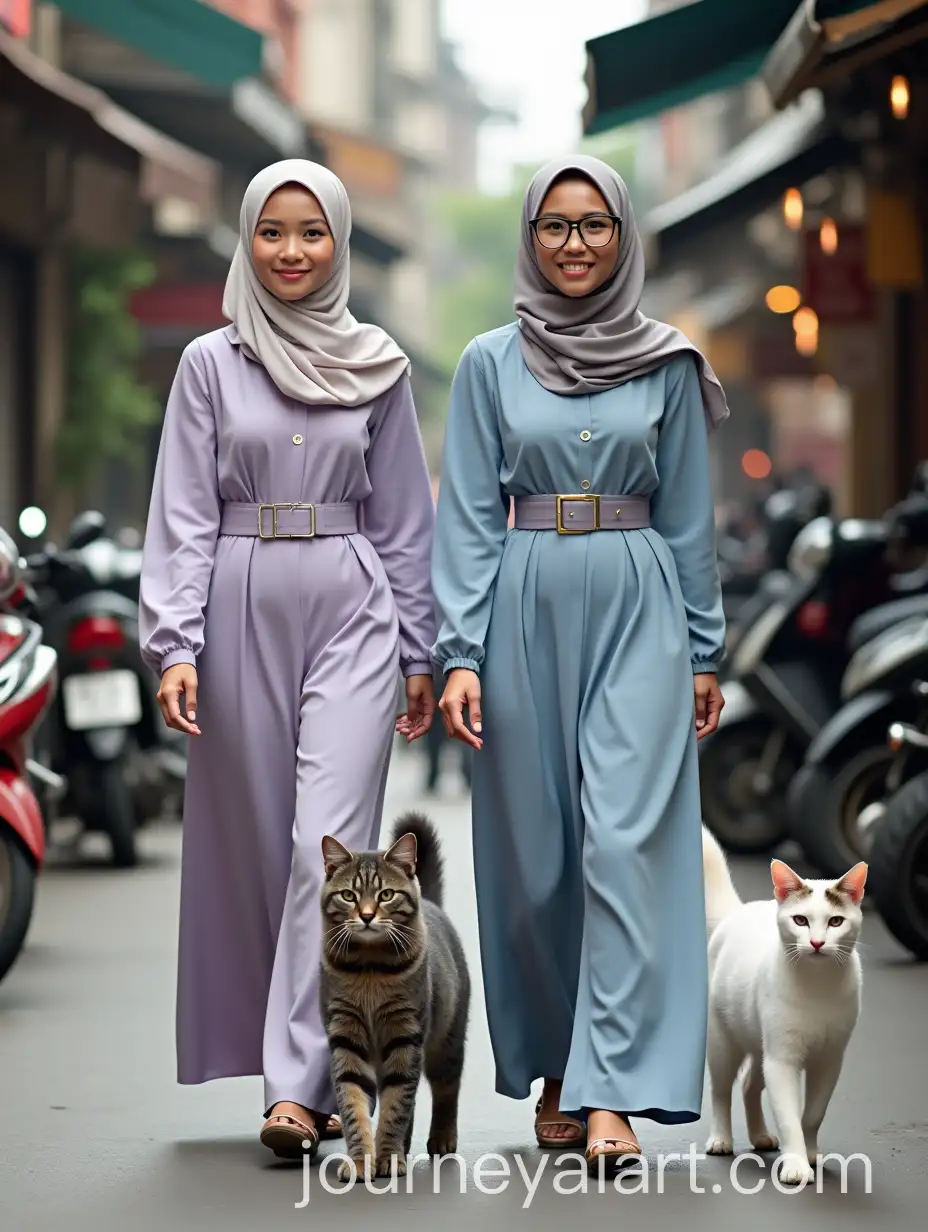 Two-Indonesian-Muslim-Women-and-Adorable-Cats-Walking-in-Jakarta-Street