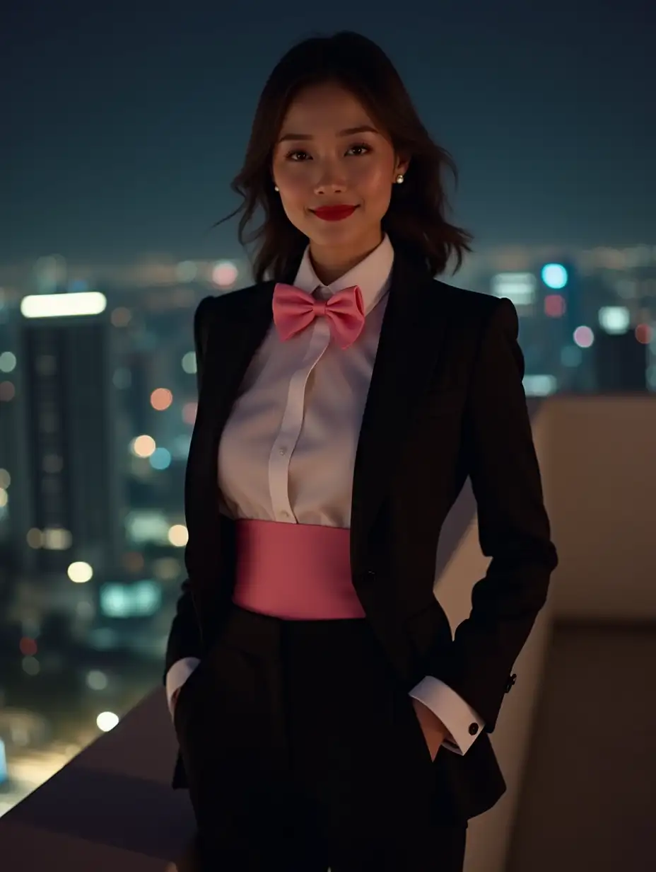 Confident-Chinese-Woman-in-Formal-Tuxedo-Smiling-at-Night