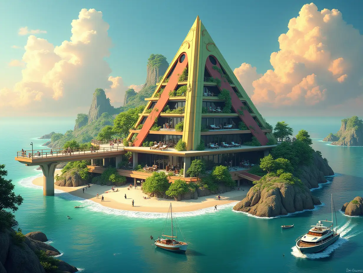 Create a high-resolution, realistic panorama image of a futuristic terrace building with window pyramid house with bridge, a yacht and a small boat beach with people, many plants and green and yellow and red facades with sea with waves, large trees, orange clouds