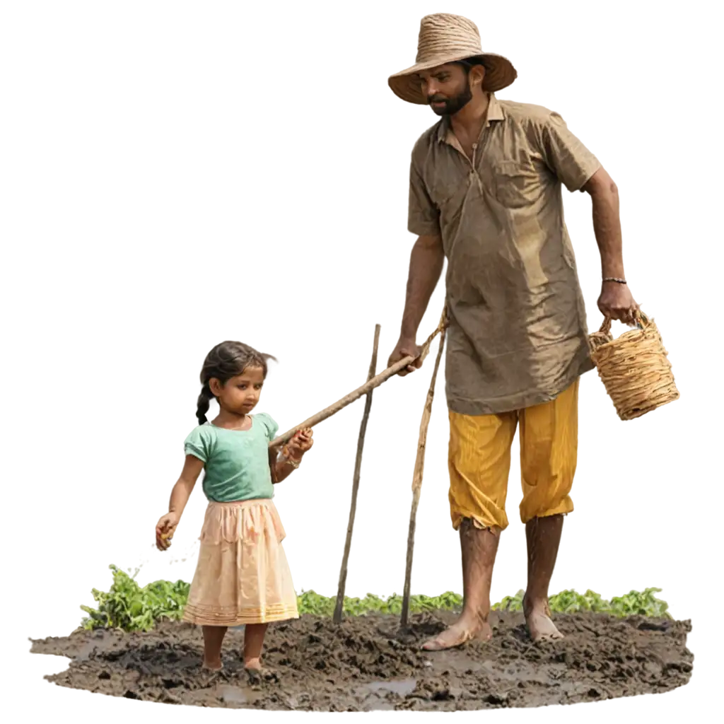 Traditional-Indian-Village-Scene-PNG-Farmer-and-Daughter-in-the-Fields