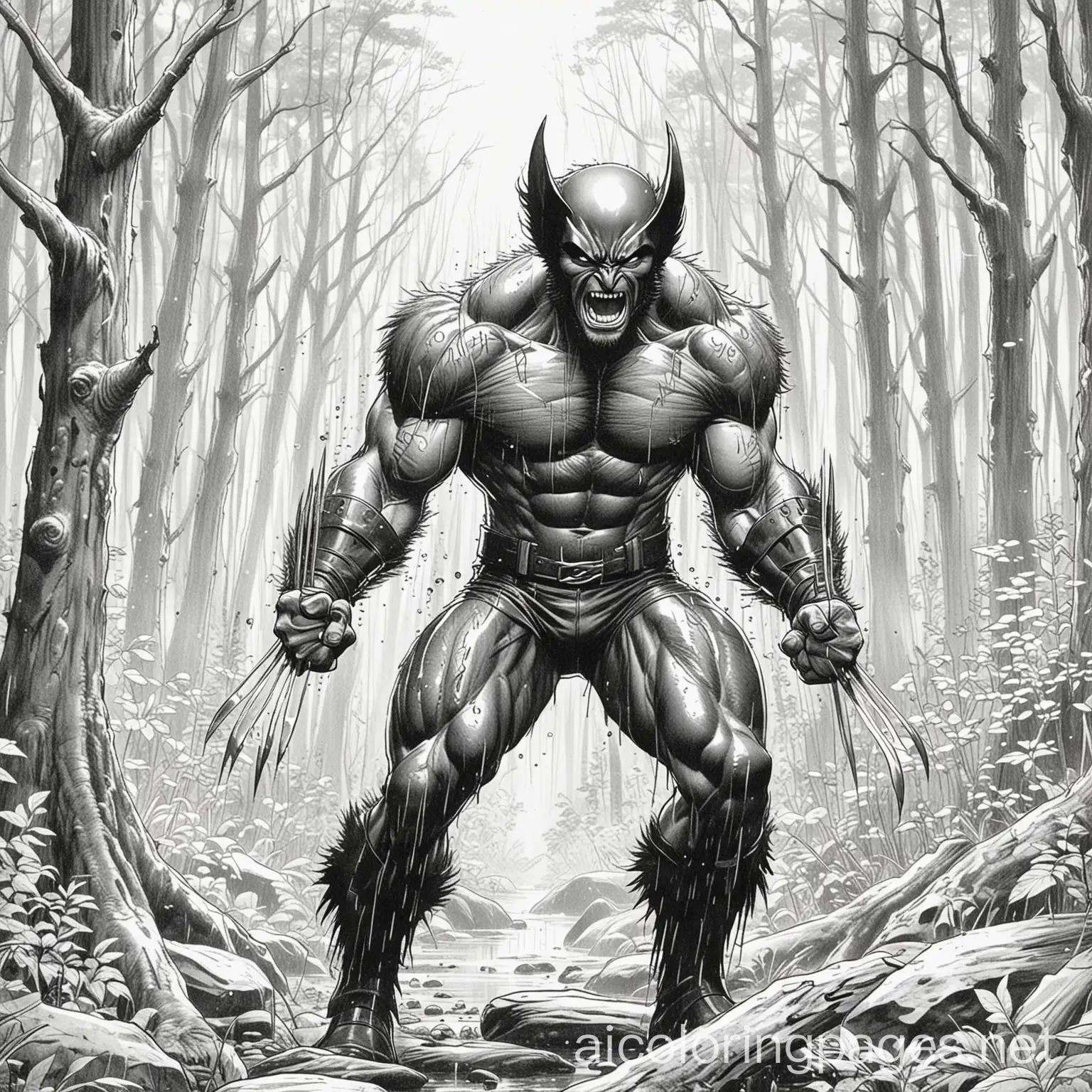 Wolverine-Battling-Nature-in-a-Rainy-Forest-Coloring-Page