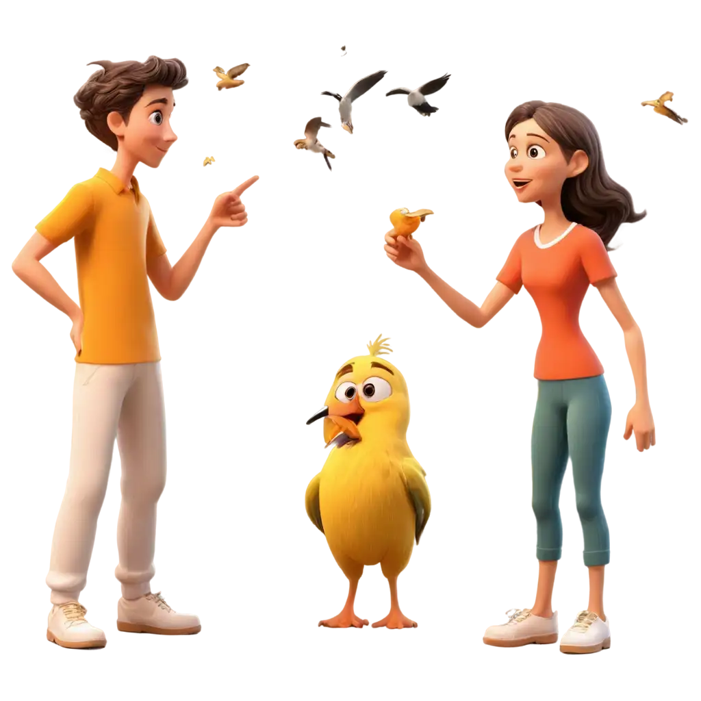 Vibrant-3D-Cartoonic-PNG-Image-of-Two-Humans-Interacting-with-Birds-in-a-Park