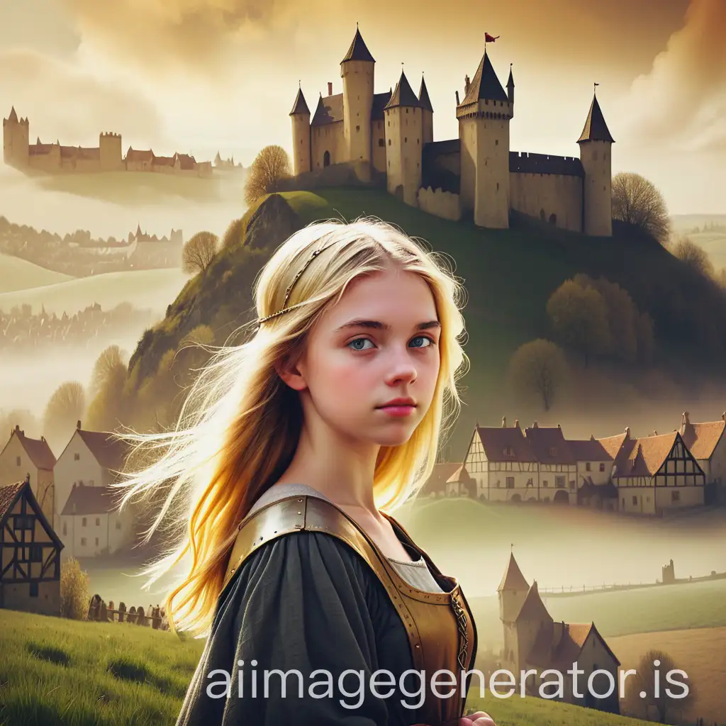 Medieval-Village-and-Misty-Castle-with-Blonde-Peasant-Woman