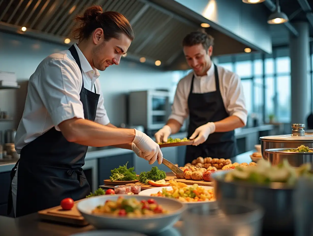 catering employees in airport during cooking