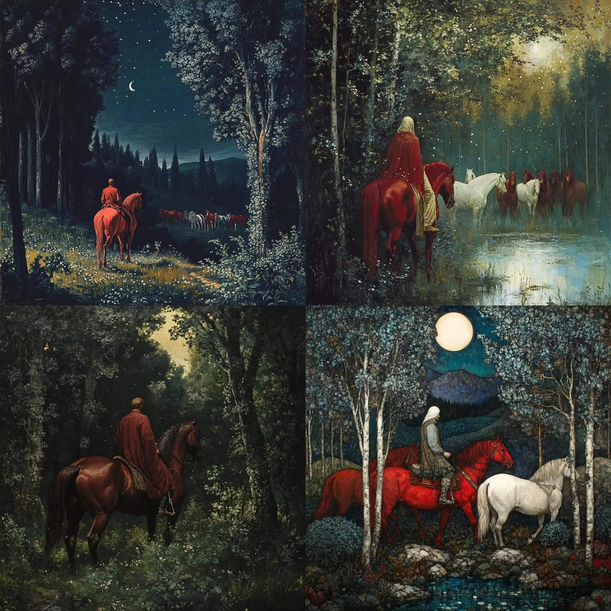 Man-on-Red-Horse-Among-Myrtle-Trees-in-Glen-with-Red-Sorrel-and-White-Horses