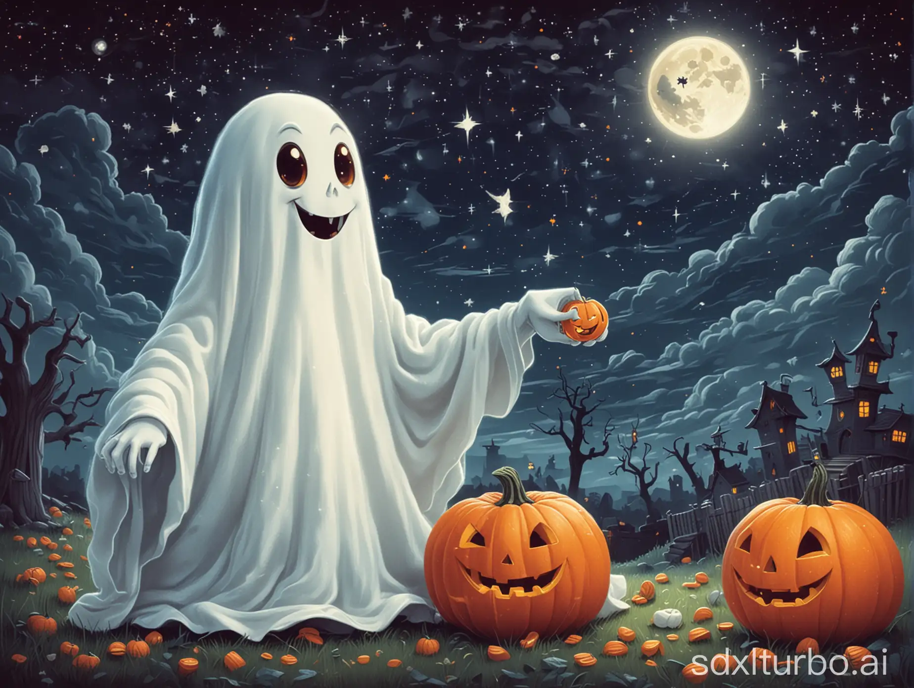 Friendly-Ghost-and-Smiling-Pumpkin-Sharing-Halloween-Candy